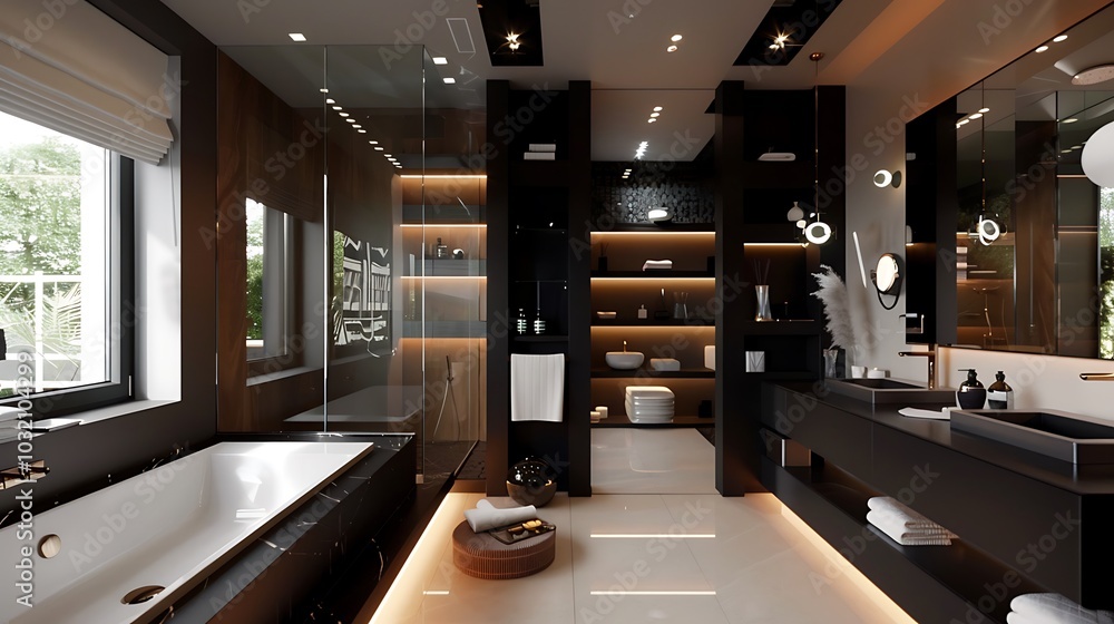 Bathroom with modern black accents and built-in shelves