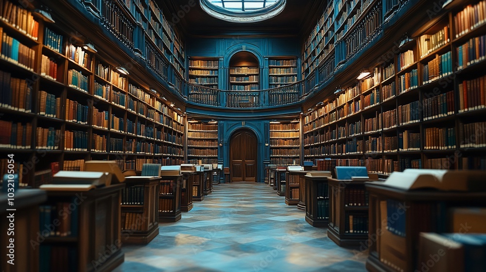 A grand library interior filled with books, showcasing a serene reading environment. A grand library interior filled with books, showcasing a serene reading environment.