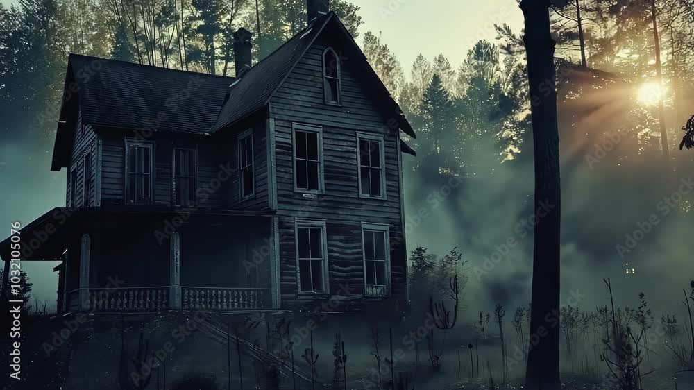 Old haunted house in misty forest at sunrise, eerie atmosphere. Halloween and mystery concept. Old haunted house in misty forest at sunrise, eerie atmosphere. Halloween and mystery concept.