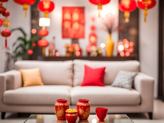 Blurred view of modern living room with sofa, table and decor for Chinese New Year celebration