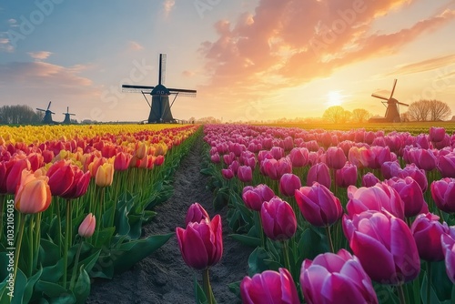 Vibrant Tulip Fields Under Golden Sunset