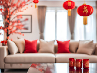 Blurred view of modern living room with sofa, table and decor for Chinese New Year celebration