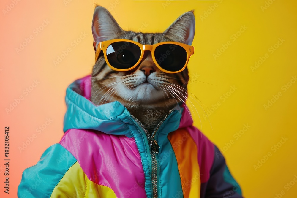 Stylish Cat Wearing Colorful Sunglasses and Jacket Stylish Cat Wearing Colorful Sunglasses and Jacket