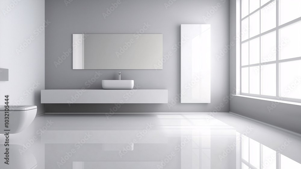 Minimal bathroom with an uncluttered sink area, large mirror, and empty wall space, leaving room for design elements Minimal bathroom with an uncluttered sink area, large mirror, and empty wall space, leaving room for design elements