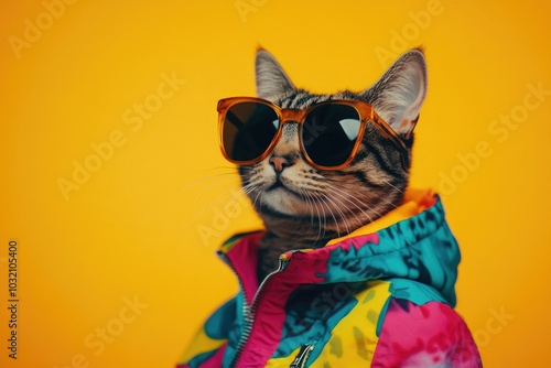 Stylish Cat in Sunglasses and Colorful Jacket photo