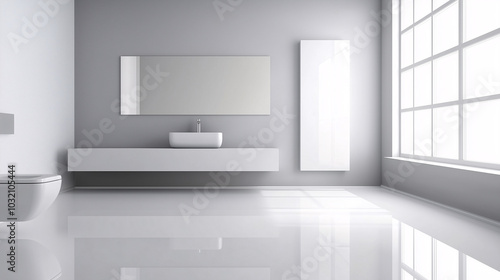 Minimal bathroom with an uncluttered sink area, large mirror, and empty wall space, leaving room for design elements