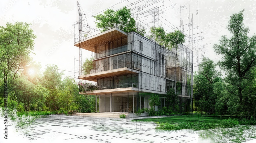 Sustainable Architecture Blueprint, an eco-friendly construction planning concept showcasing innovative green building practices and digital design for a sustainable future Sustainable Architecture Blueprint, an eco-friendly construction planning concept showcasing innovative green building practices and digital design for a sustainable future