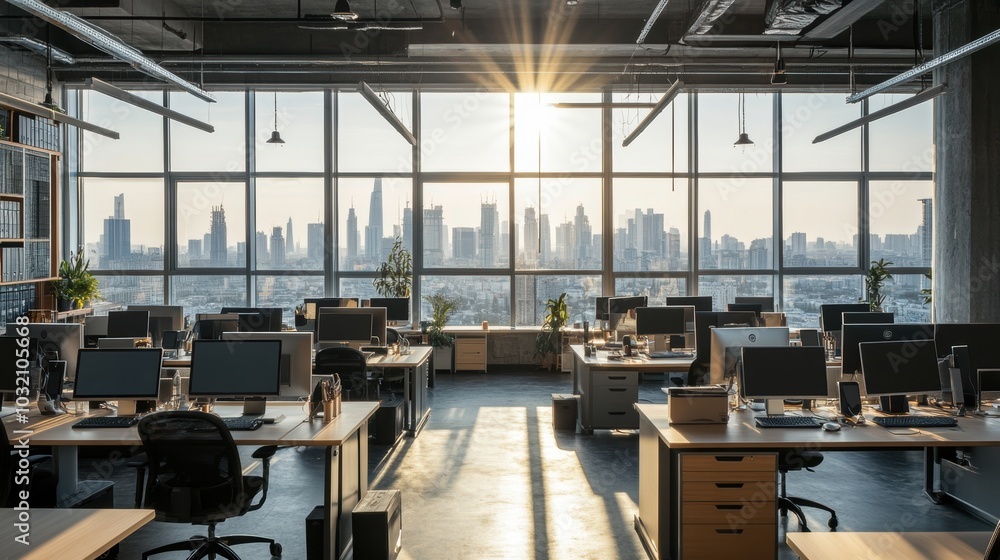 Office interior in industrial style. Bright open office space with rows of desks, computers, and floor-to-ceiling windows showcasing a city skyline during sunset.
Office interior in industrial style. Bright open office space with rows of desks, computers, and floor-to-ceiling windows showcasing a city skyline during sunset.