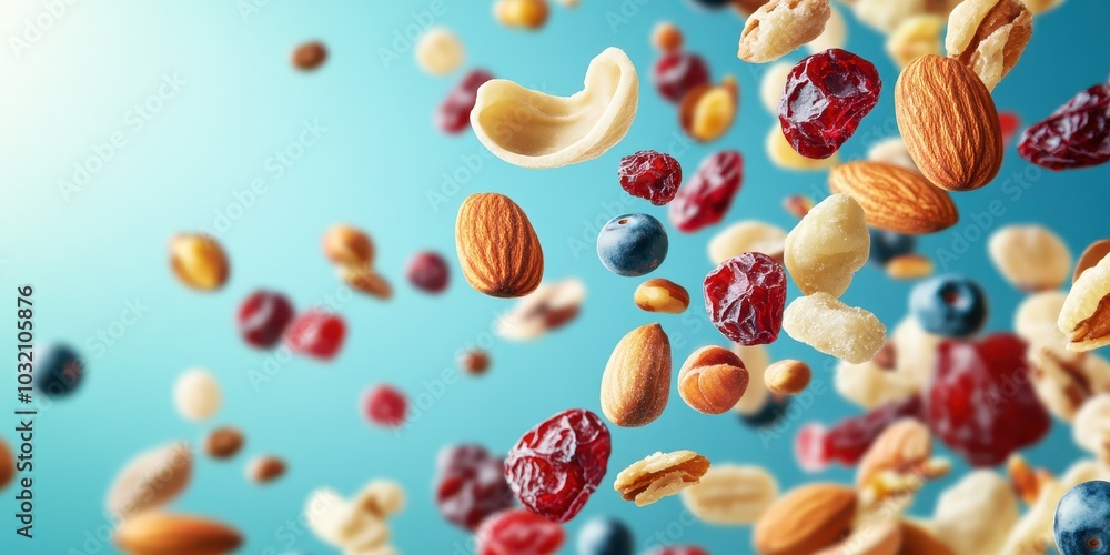 A vibrant assortment of flying nuts and dried fruits against a colorful background, showcasing healthy snacking options. A vibrant assortment of flying nuts and dried fruits against a colorful background, showcasing healthy snacking options.