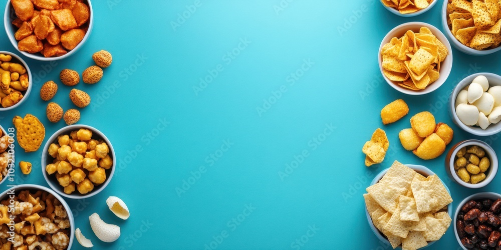 A vibrant assortment of snacks arranged in bowls on a blue background, perfect for entertaining or casual gatherings. A vibrant assortment of snacks arranged in bowls on a blue background, perfect for entertaining or casual gatherings.