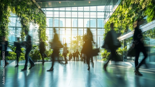 Dynamic green office environment, bustling employees engaged in sustainable practices, showcasing commitment to environmental responsibility and corporate social governance initiatives