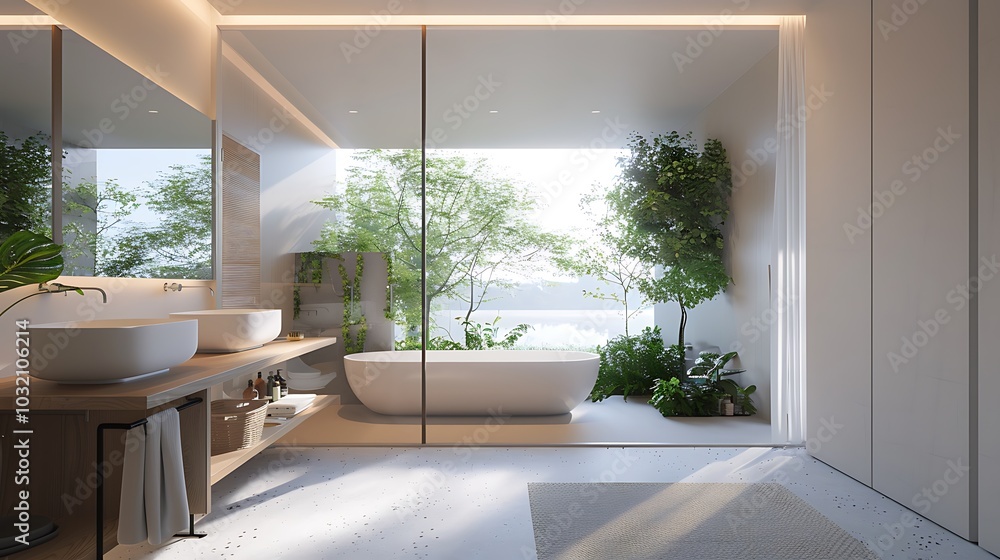 Bright bathroom with a large window and minimalist design Bright bathroom with a large window and minimalist design