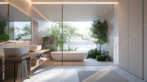 Bright bathroom with a large window and minimalist design