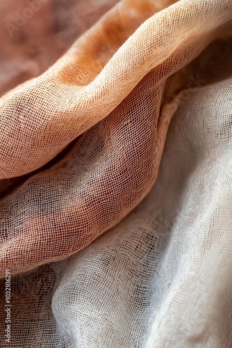 Close-up of beige and brown fabric with intricate weave pattern, showcasing gentle folds and curves.