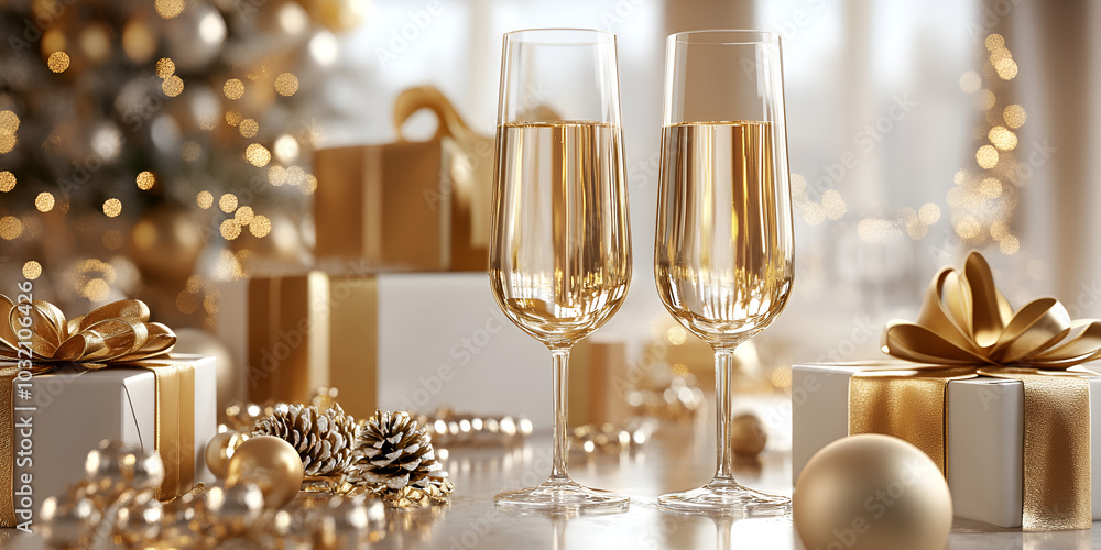 Festive Holiday Table Setting with Wine and Gifts Festive Holiday Table Setting with Wine and Gifts