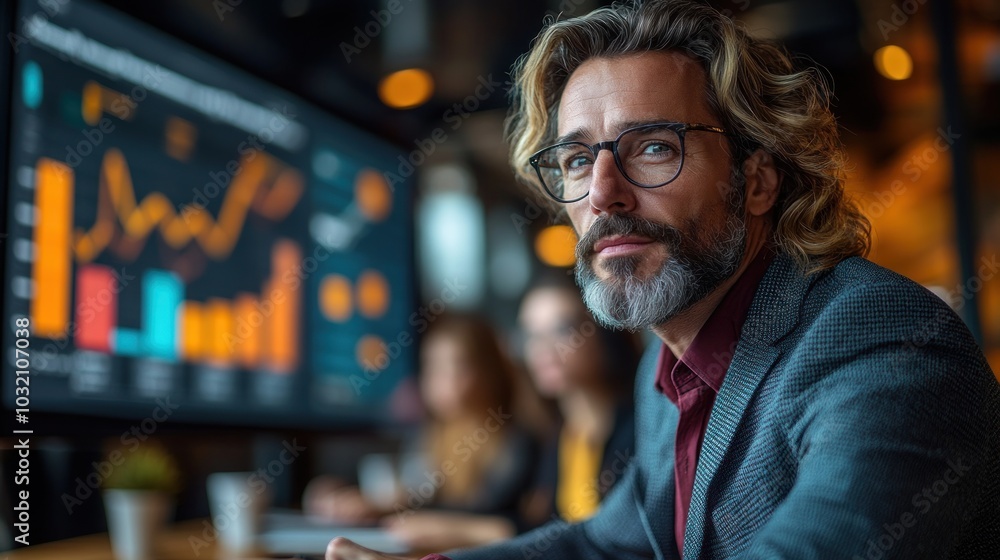 A businessman wearing a suit and glasses looks thoughtfully at the camera in an office with a graph on a large screen in the background. A businessman wearing a suit and glasses looks thoughtfully at the camera in an office with a graph on a large screen in the background.