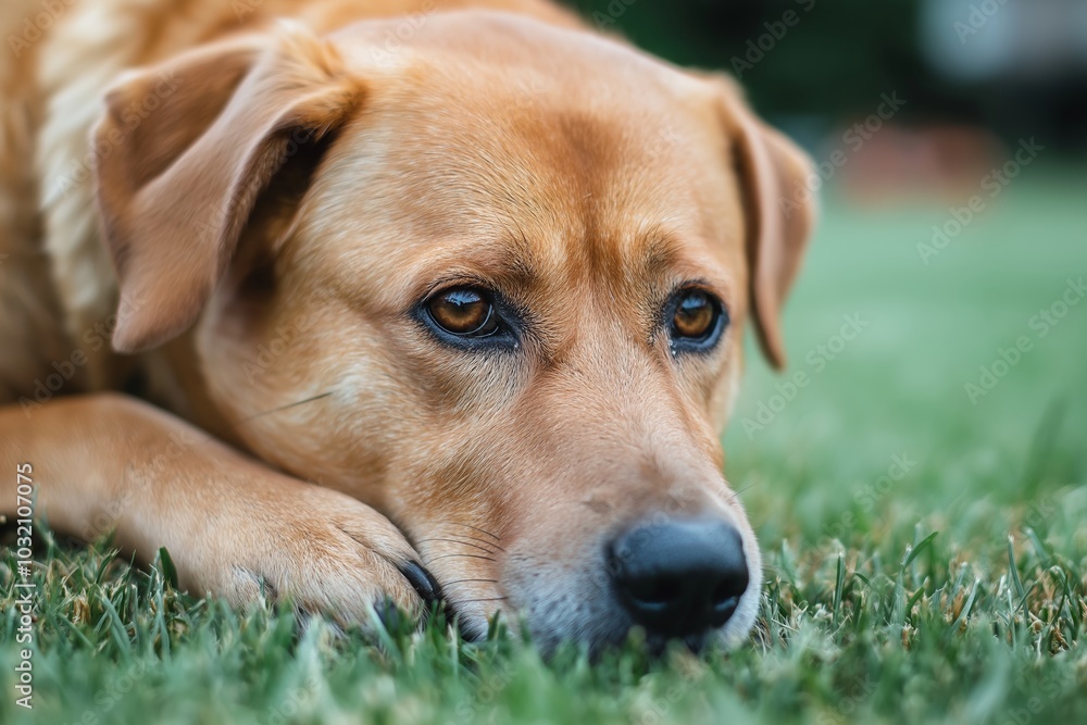 A golden retriever lies on the grass, its eyes expressive and thoughtful, conveying a serene and peaceful demeanor. A golden retriever lies on the grass, its eyes expressive and thoughtful, conveying a serene and peaceful demeanor.