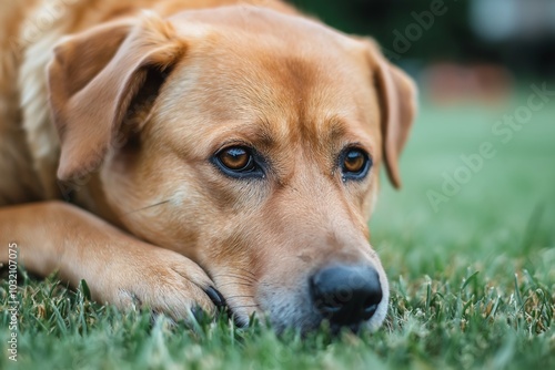 A golden retriever lies on the grass, its eyes expressive and thoughtful, conveying a serene and peaceful demeanor.