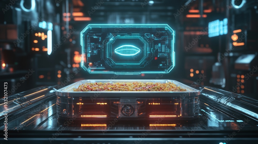 A biodegradable bagasse food box with a futuristic digital mouse hovering above it, holographic interface, glowing lines, dark tech lab background, 3D rendering, neon A biodegradable bagasse food box with a futuristic digital mouse hovering above it, holographic interface, glowing lines, dark tech lab background, 3D rendering, neon