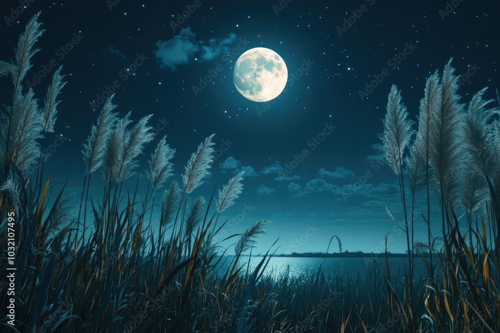 Fototapeta premium Serene Night Landscape Under a Bright Moonlight
