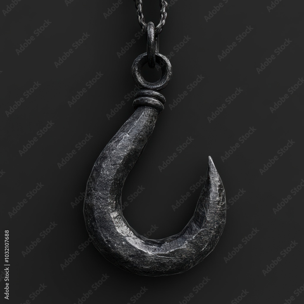 A simple textured silver hook pendant on a chain A simple textured silver hook pendant on a chain