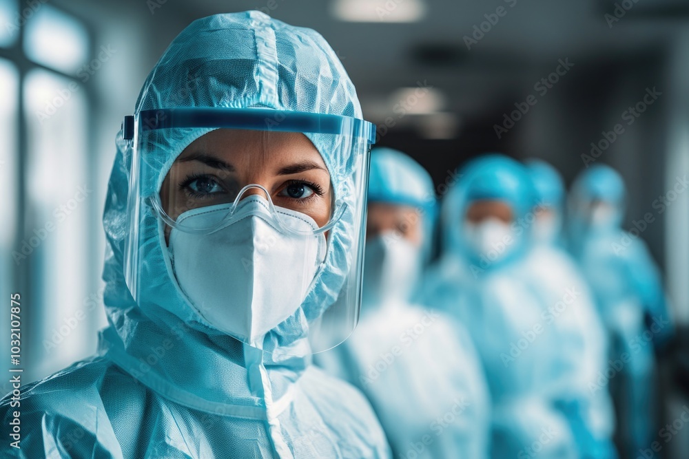 A group of medical professionals wearing personal protective equipment (PPE) for healthcare and medical procedures A group of medical professionals wearing personal protective equipment (PPE) for healthcare and medical procedures