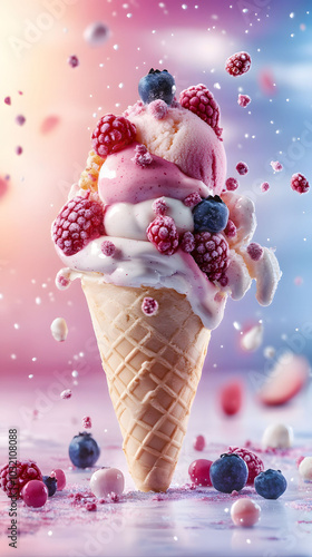 Vibrant ice cream adorned with fresh fruit pieces, enticing and colorful presentation, perfect for dessert advertisements