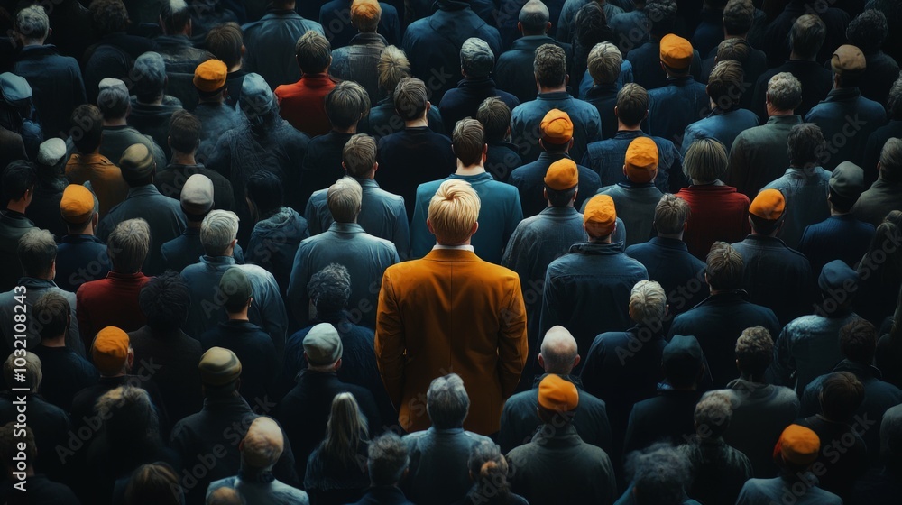 Obraz premium Distinctive Presence in a Crowd, a blonde man confidently stands alone amid a sea of diverse individuals, showcasing individuality and uniqueness in a bustling environment.