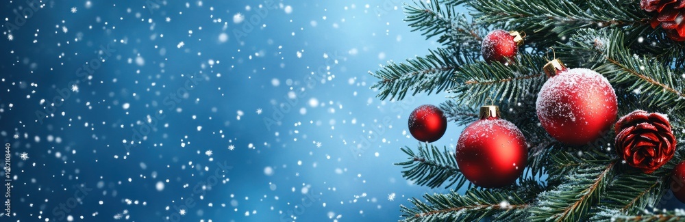 Fototapeta premium Evergreen branches and red ornaments on blue background with snow. Christmas banner. Banner.