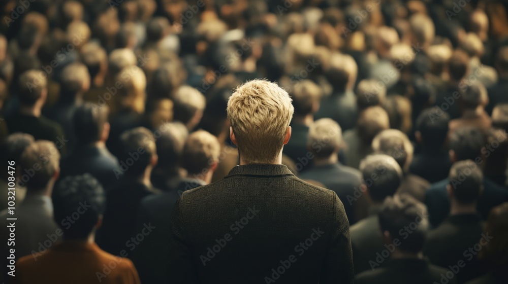 Obraz premium Distinctive Presence in a Crowd, a blonde man stands out amidst a sea of diverse individuals, showcasing individuality and uniqueness in a bustling social setting.