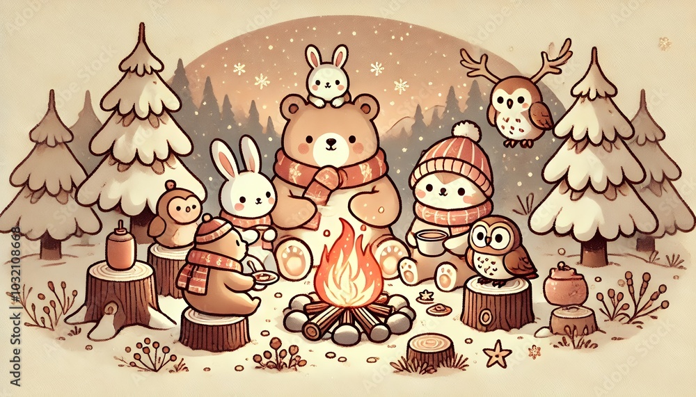 Naklejka premium Inviting Winter Campfire Scene with Bear, Rabbit, and Owl Friends Sharing a Warm Meal in a Cozy Snowy Forest