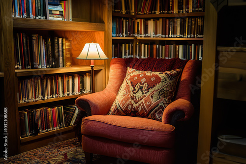 Cozy Reading Nook with Plush Seating in Small Town Library 