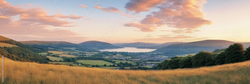 Fototapeta premium Panoramic Landscape Of Lush Green Valley With A Serene Lake Under A Picturesque Sunset Sky, England