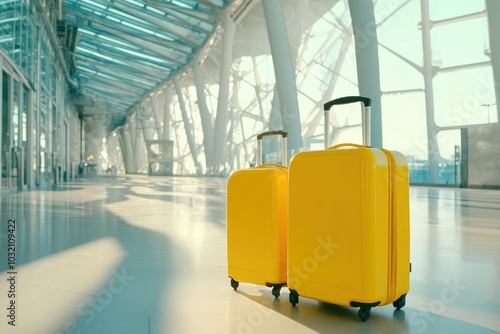 Two Yellow Suitcases in Modern Airport Architecture