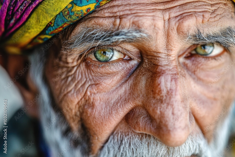 A close-up shot of a man wearing a turban, looking directly at the camera A close-up shot of a man wearing a turban, looking directly at the camera