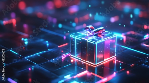 Glowing gift box with neon lights on grid surface