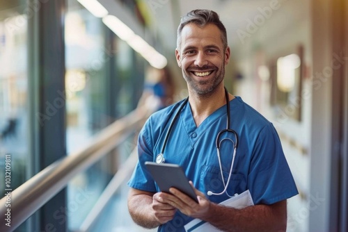 A person dressed in a blue medical uniform holds a tablet, possibly for work or personal use