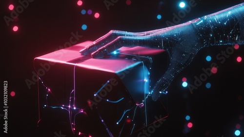 Futuristic hand touching a glowing digital gift box. photo