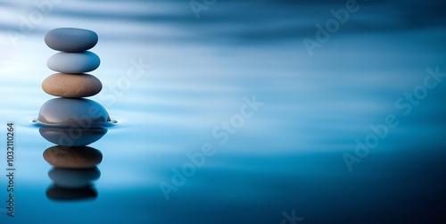 Zen stones, Stack of stones in water with a reflection, Balanced stone stacks on tranquil water surface, Round stones balanced on top of each other, surrounded by calm blue water, AI generated