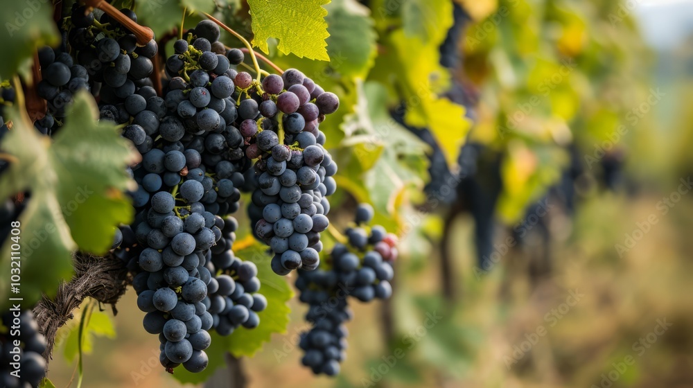 Harvest-ready Splendor: A Close-up of Luscious Nebbiolo Grapes Blanketed in Green Leaves, Amidst Bar Harvest-ready Splendor: A Close-up of Luscious Nebbiolo Grapes Blanketed in Green Leaves, Amidst Bar
