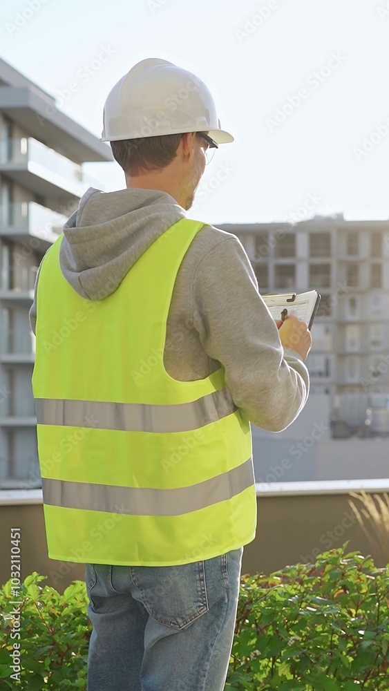 Man engineer with white helmet and safety vest is taking notes on a clipboard while inspecting a construction site at sunrise, back vertical view Man engineer with white helmet and safety vest is taking notes on a clipboard while inspecting a construction site at sunrise, back vertical view