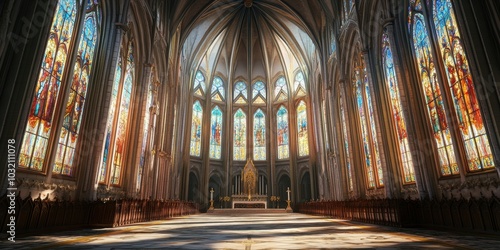 A cathedral interior with stained glass windows.