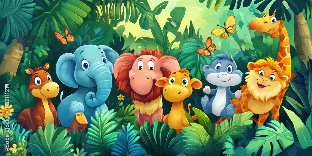 Naklejka premium Jungle animals and butterflies in foliage.