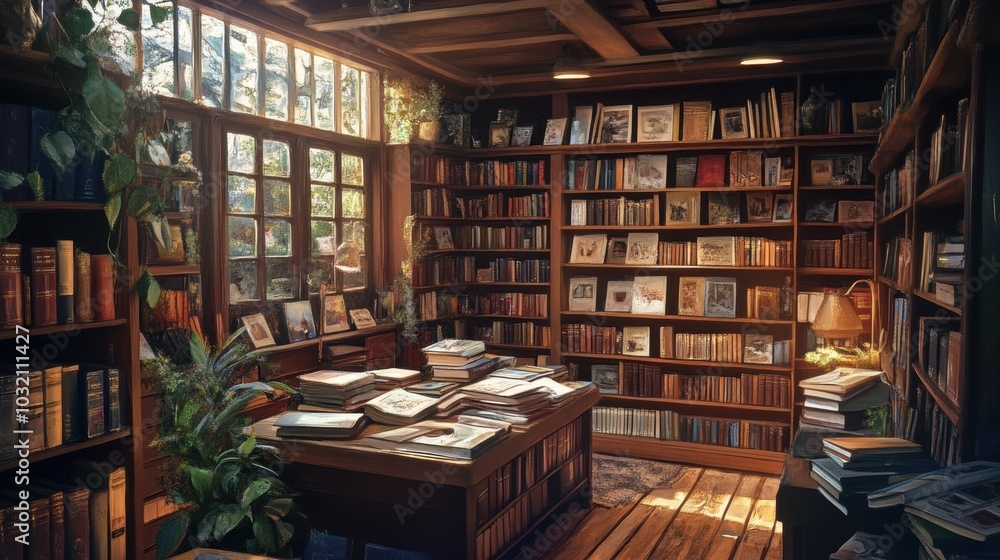 Book-filled library with wooden shelves and a window. Book-filled library with wooden shelves and a window.