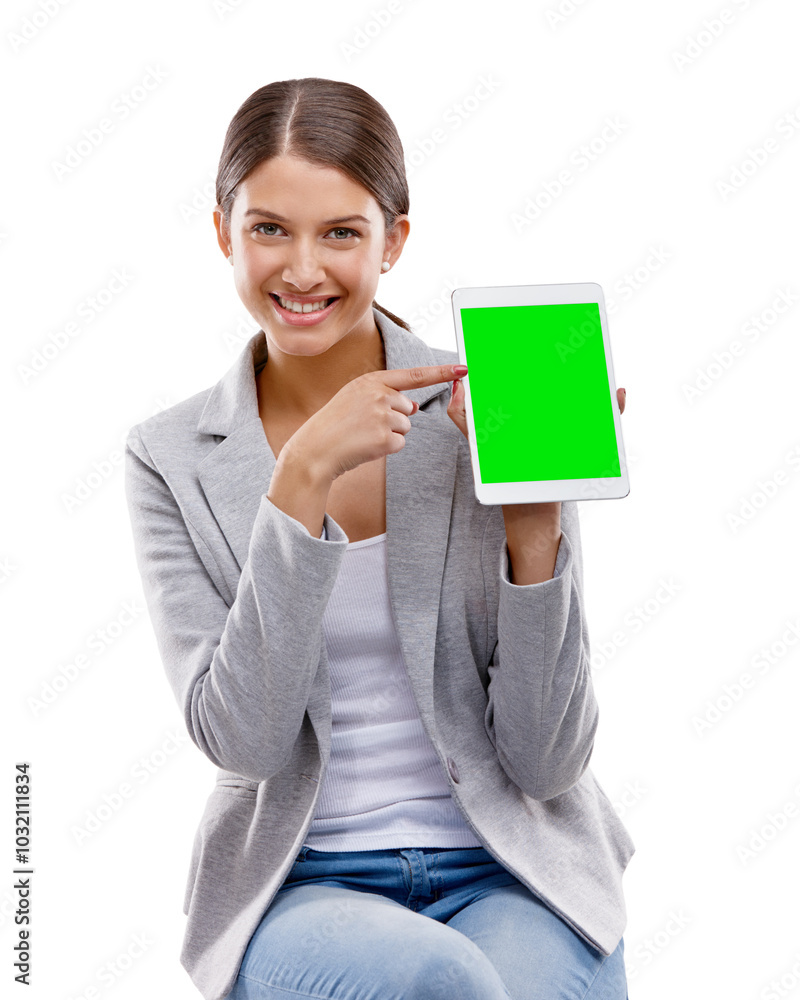 Happy woman, portrait and pointing with tablet screen for advertising or marketing on a white studio background. Young, female person or model with smile, chromakey or technology display for mockup Happy woman, portrait and pointing with tablet screen for advertising or marketing on a white studio background. Young, female person or model with smile, chromakey or technology display for mockup