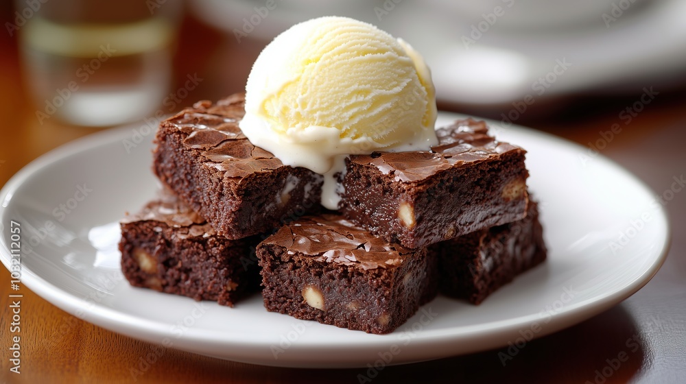 Brownies served with vanilla ice cream melting on top, on a white plate Brownies served with vanilla ice cream melting on top, on a white plate