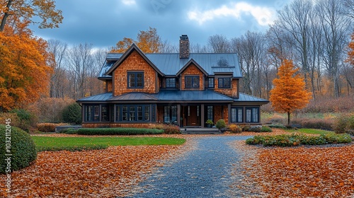 A picturesque autumn scene featuring a charming house surrounded by colorful foliage.