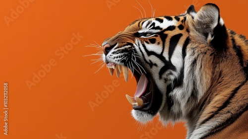 A majestic tiger roars with its mouth wide open showing its sharp teeth