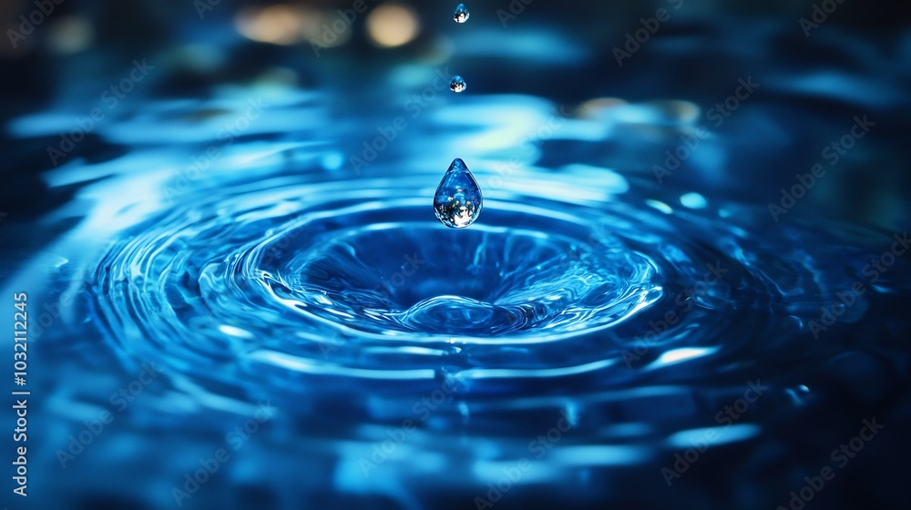 Stunning realistic depiction of a single water droplet falling into a vibrant blue sea creating mesmerizing ripples and capturing the essence of World Water Day in a serene natural setting Stunning realistic depiction of a single water droplet falling into a vibrant blue sea creating mesmerizing ripples and capturing the essence of World Water Day in a serene natural setting