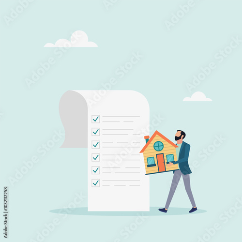 Character holding house with checklist papers. home and property planning. Vector illustration.	